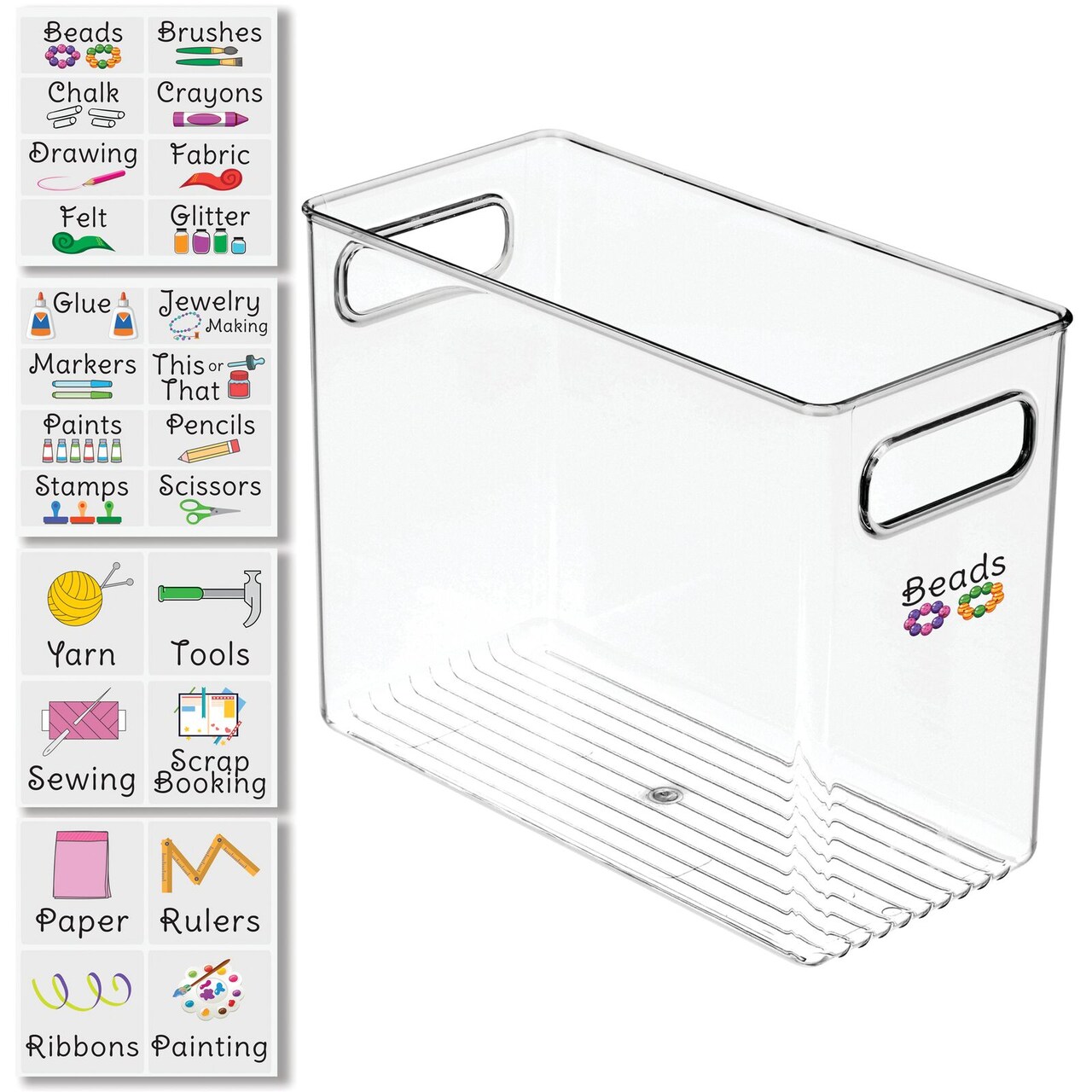 mDesign Plastic Craft Room Storage Box with Handles + 24 Labels - Clear